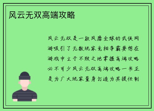 风云无双高端攻略